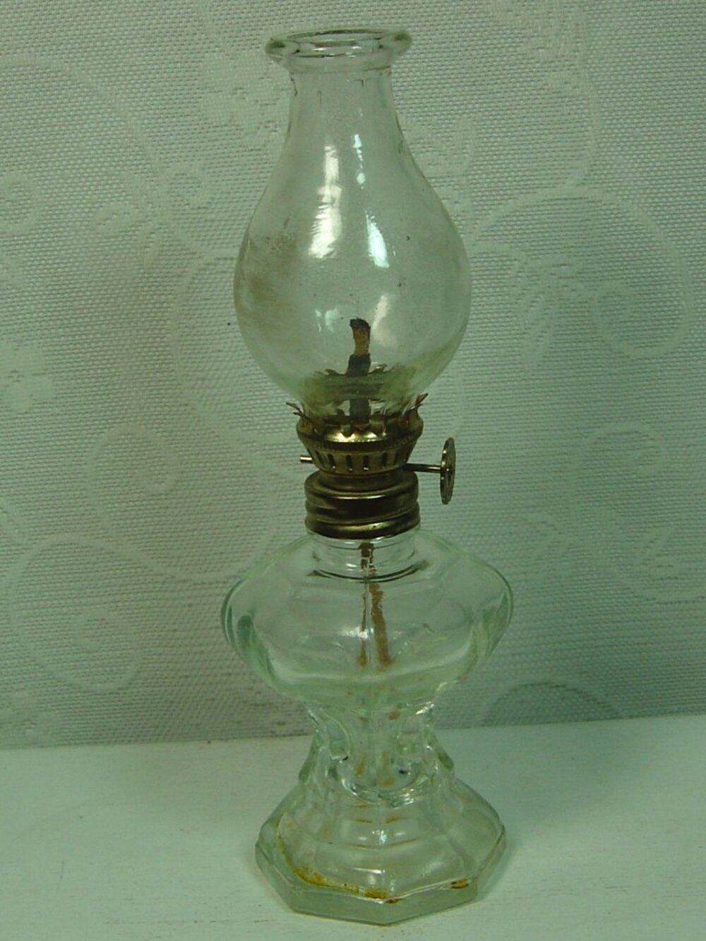 Vintage miniature clear oil lamp-6.5" tall-octagon base